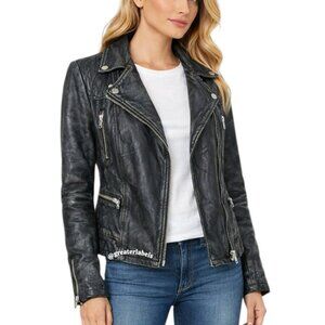 AllSaints Cargo Distressed Leather Biker Jacket Charcoal EU 34, US 2